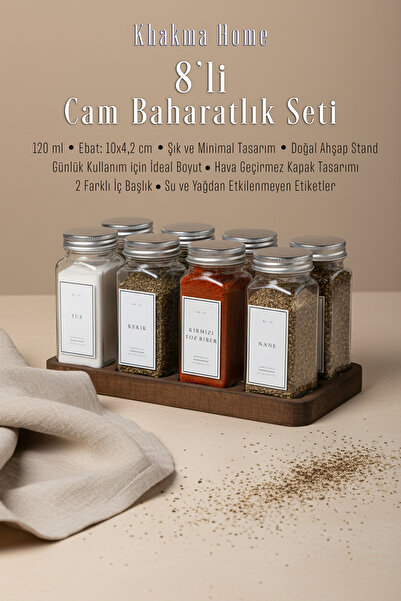 KHAKMA طقم توابل زجاجي مكون من 8 قطع مع حامل خشبي |   120 مل |   غطاء فضي مع ملصق أبيض |   تصميم بسيط