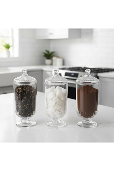 FAIR HOME 3-Piece Line Pattern Countertop Long Glass Dragee-Beverage Spice Jar Set 950 Cc.