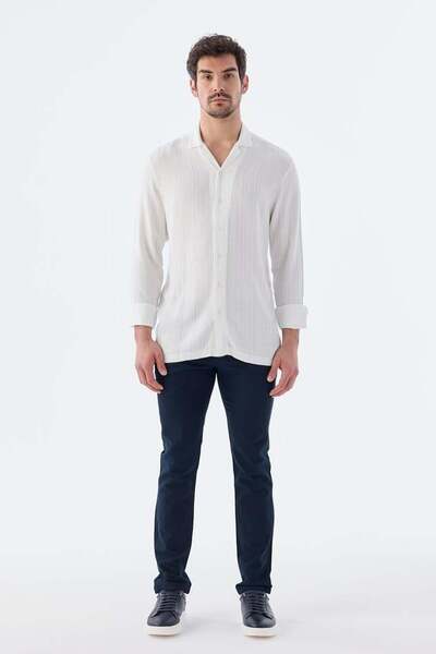 Jakamen Beyaz Klasik Fit Apaş Yaka Çizgili %100 Pamuk Bohem Gömlek