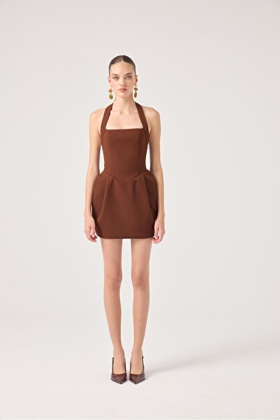 HOLLY LOLLY Mini Yerry Dress with Halter Neck and Pockets Brown