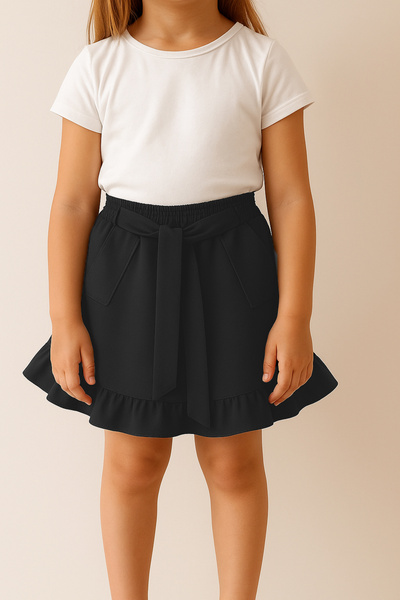 nacar çarşı Kız Çocuk Siyah Fırfırlı Cepli Fiyonklu Etek Lastikli Bel Rahat M...