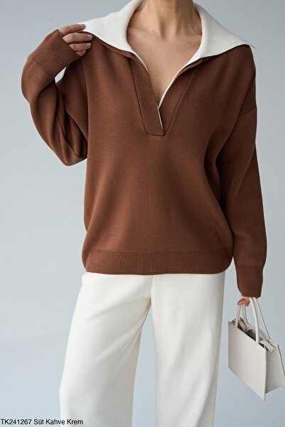 FEMMESTUDIO Γυναικεία πλεκτή μπλούζα σε καφέ χρώμα με λαιμόκοψη σε σχήμα V