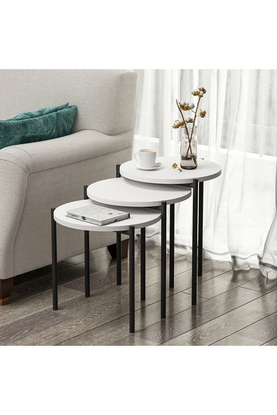 Betroya Zuba Zigon Sehpa 3’lü Yuvarlak, Metal Ayaklı, Modern Tarz, Kahve, Ser...