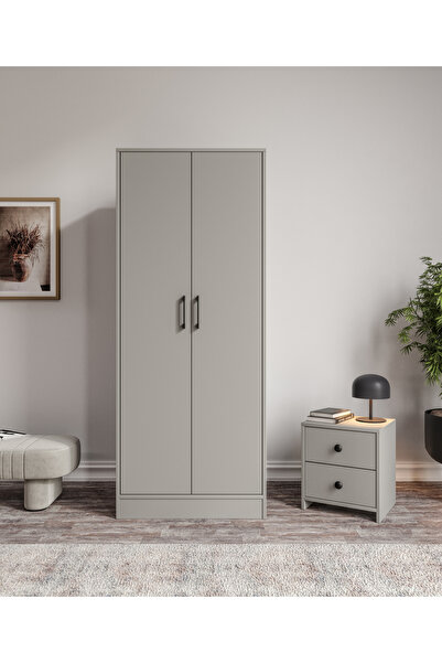 MORİVA HOME %100 MDF 2 Kapaklı 7 Raflı ve 1 Askı Borulu Elbise Dolabı Gri -Soft Beyaz– 182x70x52 cm
