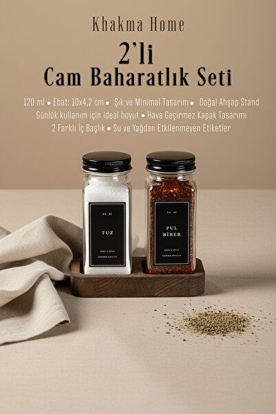 KHAKMA Set of 2 Glass Spice Jars with Wooden Stand Salt Shaker Pepper Shaker | 120 ml | Black Cover and Black Label