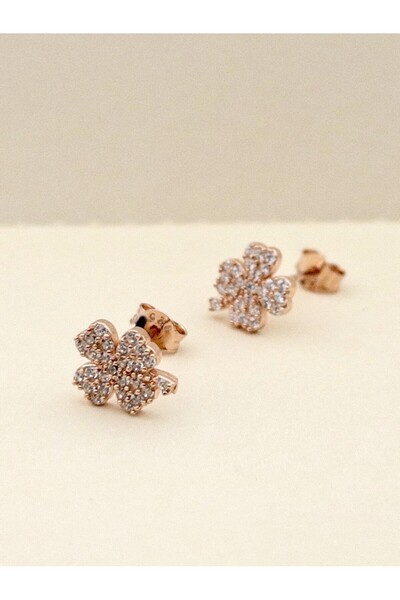 Siya Silver Zirkon Taşlı Rose Renk Minimal Yonca Küpe - 925 Ayar Gümüş Hediye...