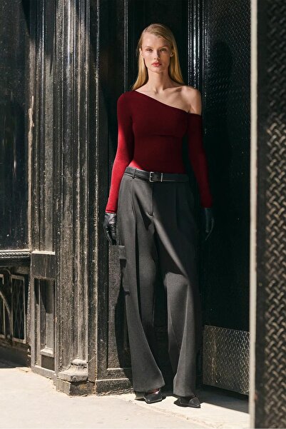 Seeh Bordo Kayık Yaka Uzun Kollu Kadın Body SH201