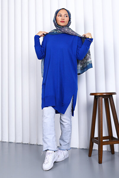 İmajButik Saks Blue Crew Neck Mercerized Casual Knitwear Tunic
