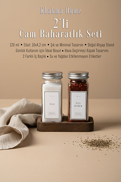 KHAKMA Set of 2 Glass Spice Jars with Wooden Stand Salt Shaker Pepper Shaker | 120 ml | Silver Cover White Label