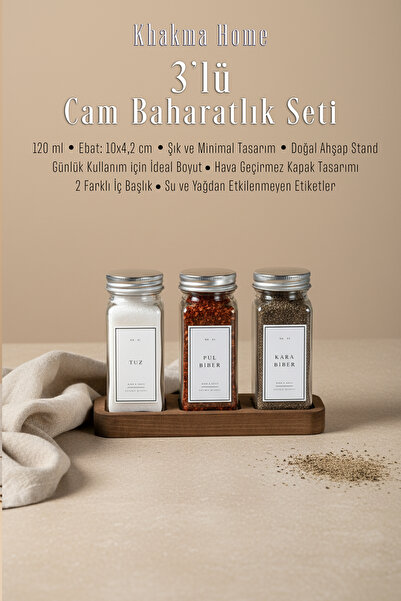 KHAKMA طقم توابل زجاجي مكون من 3 قطع مع حامل خشبي، وعاء ملح وفلفل |   120 مل |   غطاء فضي مع ملصق أبيض