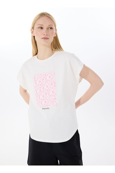 Discovery Expedition Beyaz Kadın Bisiklet Yaka Loose Fit Baskılı T-Shirt D4SL...