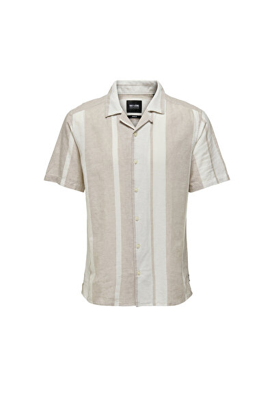 Only & Sons Чоловіча сорочка - ONSCAIDEN SS Stripe Linen Resort SH, нормальна світло-хакі в смужку