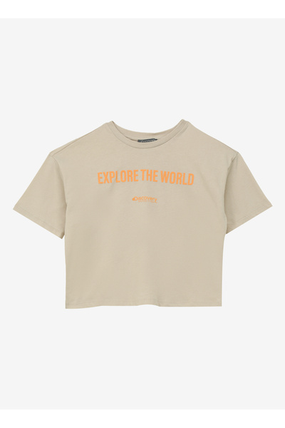 Discovery Expedition Bej Kız Çocuk Bisiklet Yaka Oversize Baskılı T-Shirt D4S...