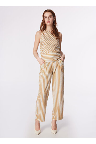 Fabrika Beyaz - Bej Kadın Lastikli Bol Kesim Çizgili Keten Pantolon F4SL-PNT0822