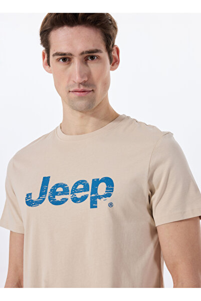 Jeep Bej Erkek Bisiklet Yaka Relaxed Baskılı T-Shirt J4SM-TST7256