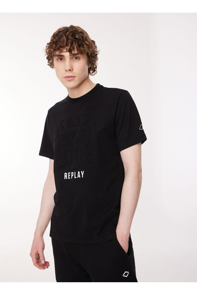 Replay Bisiklet Yaka Desenli Siyah Erkek T-Shirt M6681 098 BLACK