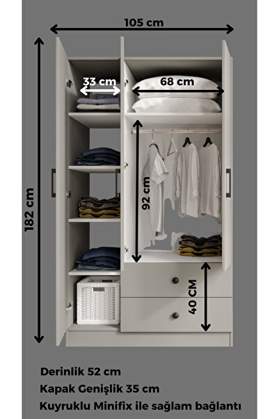 CABİNSE %100 MDF ELBİSE DOLABI 3 Kapak 2 Çekmece 7 Raflı GARDIROP - GRİ /SOFT BEYAZ -KURULUM ANİMASYONLU