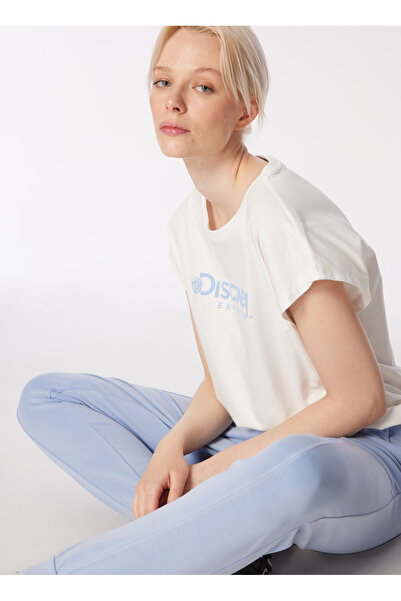 Discovery Expedition Beyaz Kadın Bisiklet Yaka Loose Fit Baskılı T-Shirt D4SL...