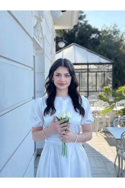 essolaria Beyaz Saten Sırttan Bağlamalı Stella Abiye