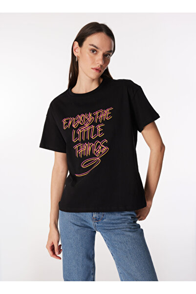 Fabrika Bisiklet Yaka Baskılı Siyah Kadın T-Shirt F4SL-TST0360