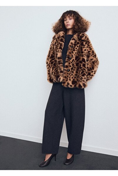 MANGO Woman Leopar desenli kürk görünümlü palto
