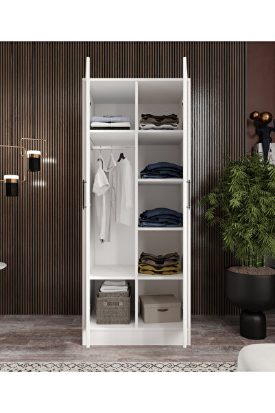 CABİNSE Gardırop – 2 Kapaklı, 7 Raflı, Askılı, Frenli Menteşe, Soft Beyaz – %...