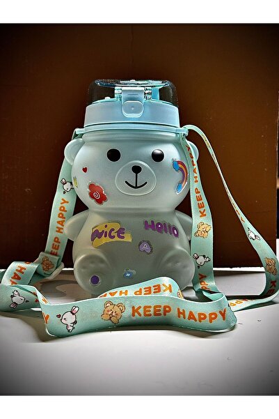 LEON LİFE 1000ml Children's Water Bottle with Teddy Bear Water Bottle Bpa-Free School Water Bottle with Carrying Strap Leak-Proof-Blue