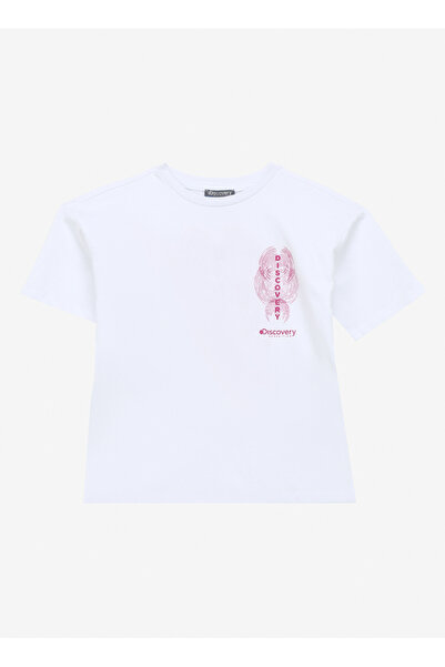 Discovery Expedition Beyaz Kız Çocuk Bisiklet Yaka Relaxed Baskılı T-Shirt D4...
