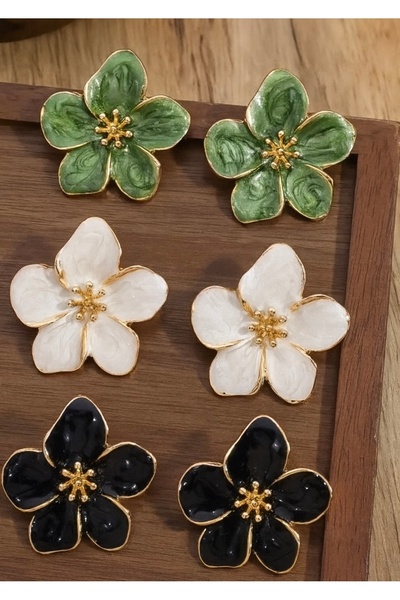 monalisatoka Kadın Gold Siyah/Ekru/Yeşil Mineli Küpe Seti 3 Adet