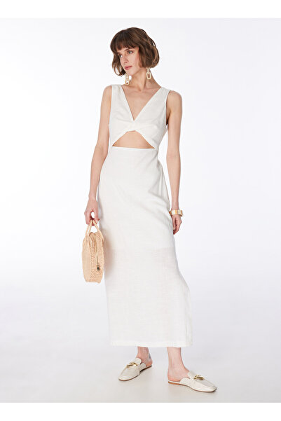 Fabrika Beyaz Kadın V Yaka Basic Elbise F4SL-ELB0839