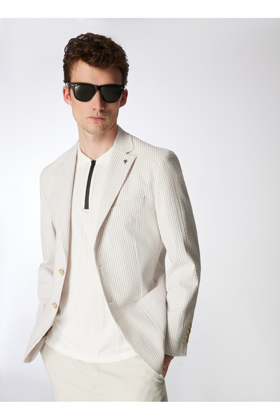 Fabrika Bej Erkek Mono Yaka Basic Çizgili Ceket F4SM-CKT 0782