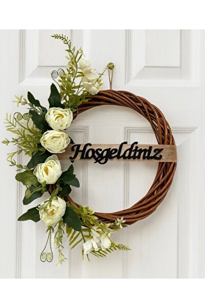 MACROMEKİDS Beyaz Gül Detaylı Bambu Çelenk Kapı Süsü -Yeni Ev Hediyesi-Rustik Dekor-El Yapımı