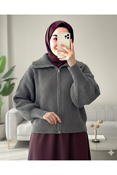 Modamorfo Half-Throated Zippered Knitwear Cardigan - Smoked