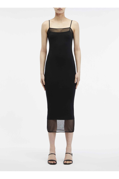 Calvin Klein Kare Yaka Düz Siyah Diz Altı Kadın Elbise SHEER & MATT SLIP DRESS