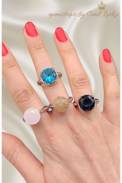 lpsankara İri Yuvarlak Lab Topaz, Safir ve Rutil Kuvars Taşlı Gümüş Yüzük Serisi