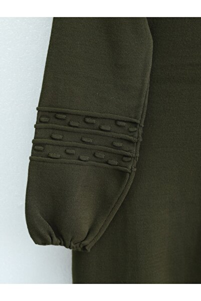 Modamorfo Πλεκτό φόρεμα με λάστιχο στο μανίκι και λεπτομέρεια πομπομ - Χακί