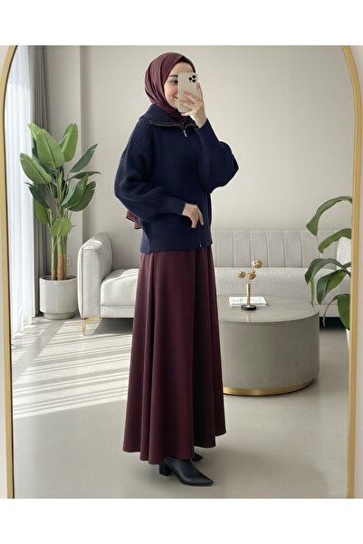 Modamorfo Half-Thigh Zippered Knit Cardigan - Navy