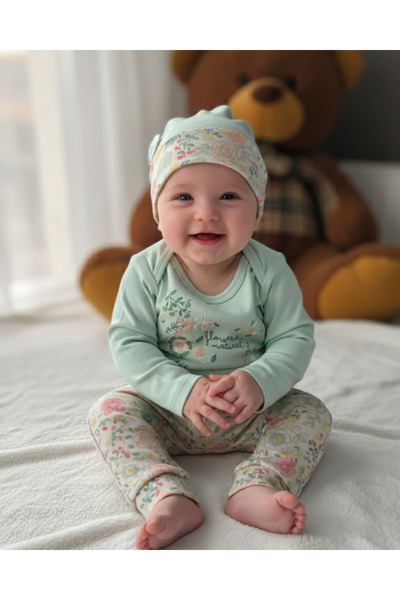 Miniworld Erkek-Kız Bebek Omuz Genişletmeli Çıtçıtlı Body Pijama Bere Takımı, %100 Pamuk , Modern Tasarım