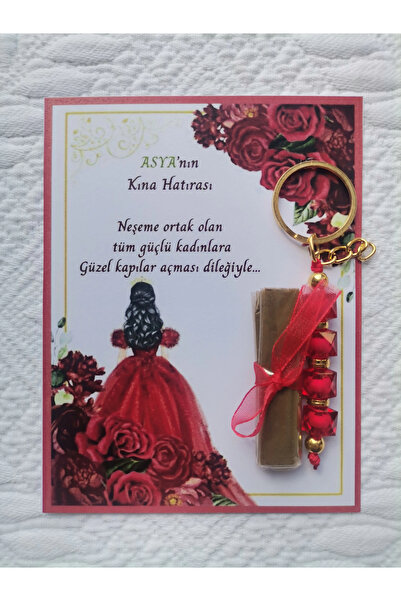 İ&DBABY 100 Adet Kişiye Özel Kına Hatırası Dağıtmalık Hediyelik Kırmızı Anahtarlık ve Paketlenmiş Kına