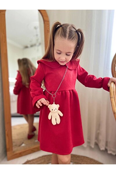 DUDOR KİDS Red Suede Girl's Dress and Teddy Bear Accessories (New Year'S-New Year'S-New Year'S-New Year's Eve)