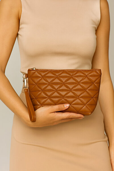 Bagfoni Tan Triangle Pattern - Organizer Clutch Handbag για ταξίδια και μακιγ...