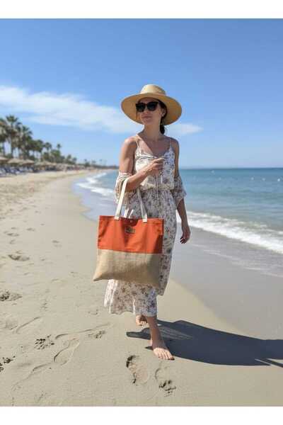 İvaLife İva Jüt ve Kiremit Rengi Kanvas Plaj Çantası