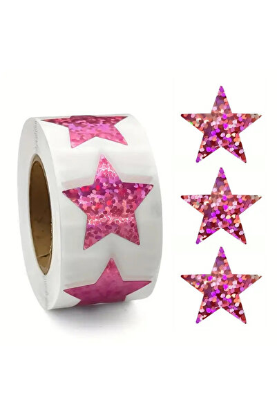hdcw 500 ADET 2.5cm RULO YAPIŞKANLI PEMBE HOLOGRAFİK YILDIZ DESENLİ STICKER E...