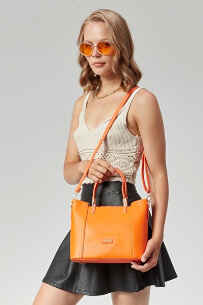 Morpelikan Women's Orange Hand Shoulder Bag with Three Compartments and Adjustable Cross Shoulder Strap