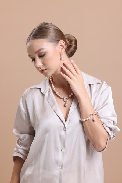 Birinci 925 Ayar Gümüş Zirkon Taşlı Multicolor Doğal Barok İnci Kadın Küpe