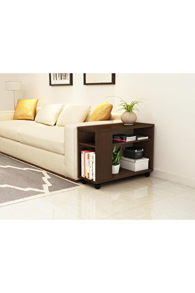 Eleva Home Modern Wooden Side Table with Shelves & Casters, Multifunctional End Table for Small Space