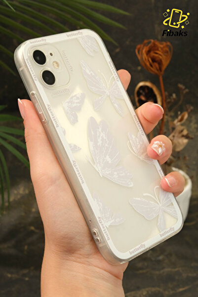 Fibaks iPhone 12 Compatible Case Designed Patterned Camera Protection Transparent Butterfly Flexible Soft Silicone Cover