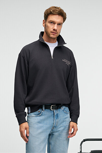 GRIMELANGE BRAM Ανδρικό φούτερ από 100% βαμβακερό γιακά με μισό φερμουάρ με στάμπα ανθρακί