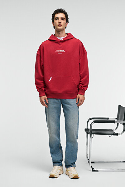 GRIMELANGE CLAY Erkek %100 Pamuk Kapüşonlu Çıtçıtlı Baskılı Cebi Süs Etiketli Kırmızı Sweatshirt