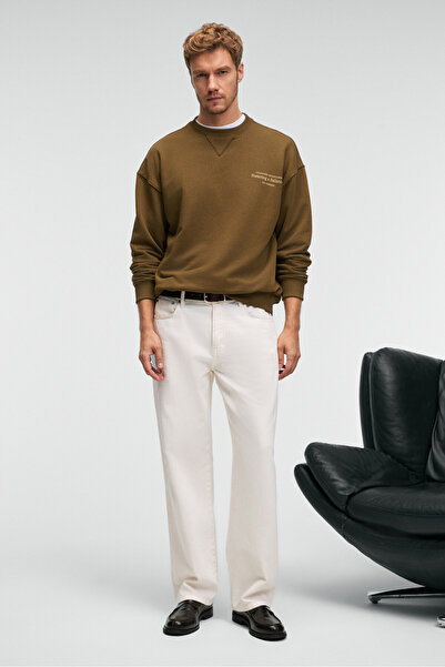 GRIMELANGE CASPIAN Ανδρικό φούτερ από 100% βαμβακερό λαιμόκοψη με ραμμένο εμπριμέ χακί